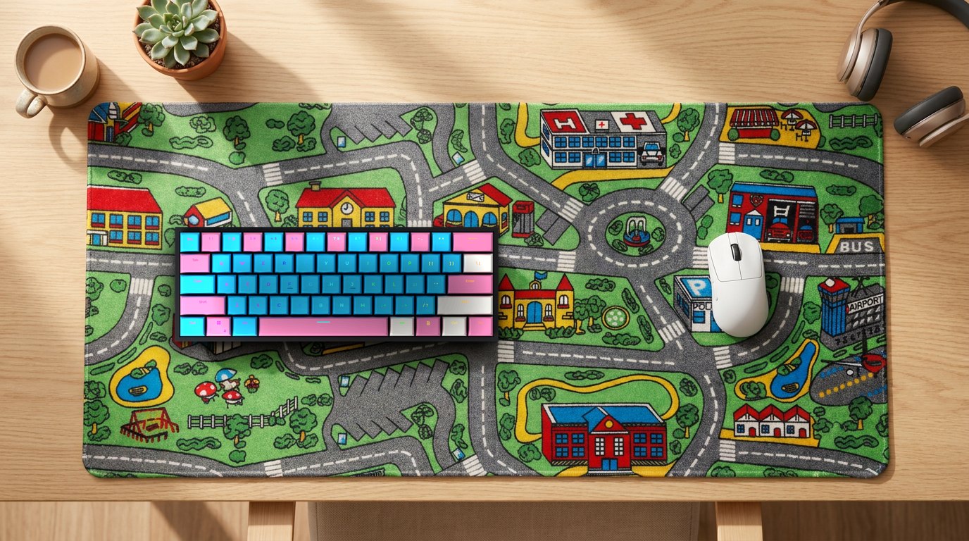 Retro Cars XXL mousepad on a sunlit oak desk with a Cotton Candy 60% keyboard