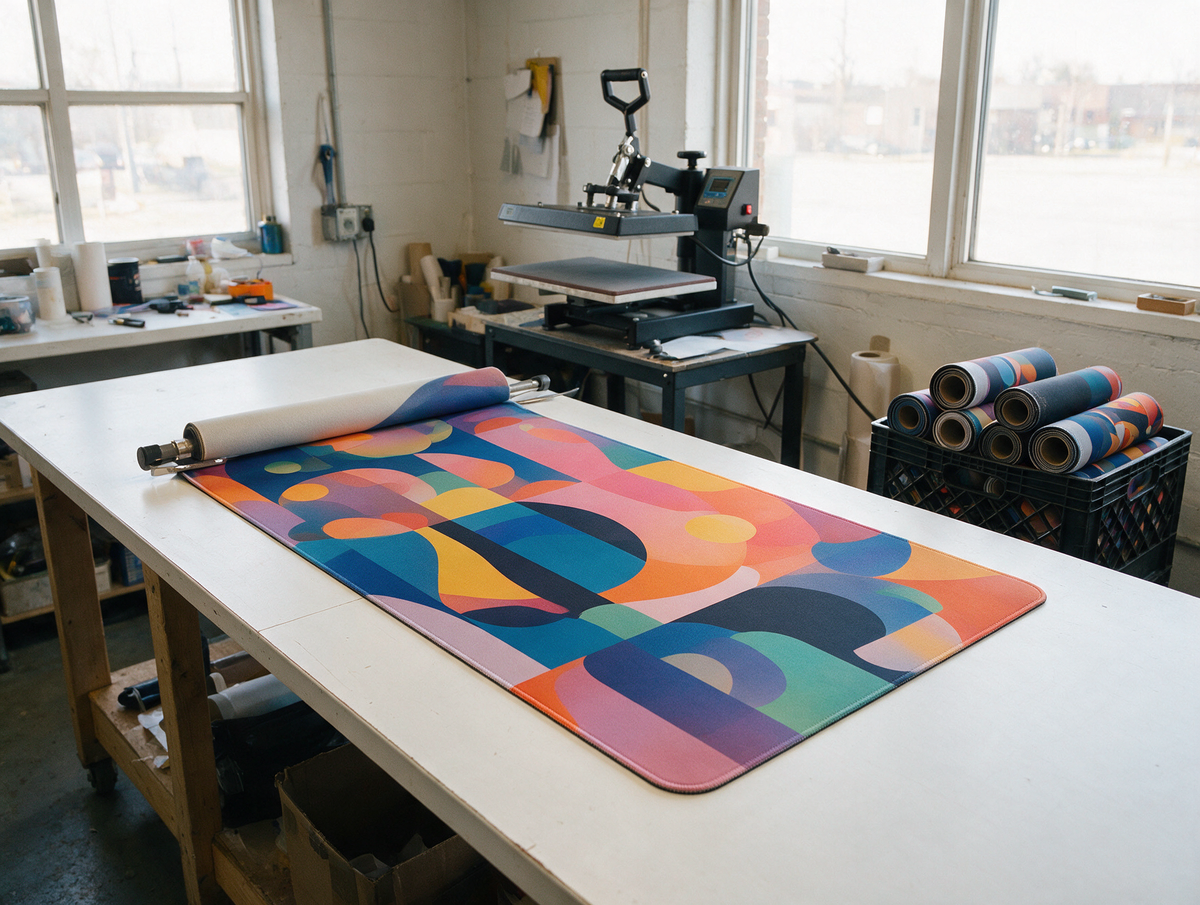 A freshly printed desk mat being finished on a worktable in the AltCustoms shop, with a heat press and rolled mats behind it